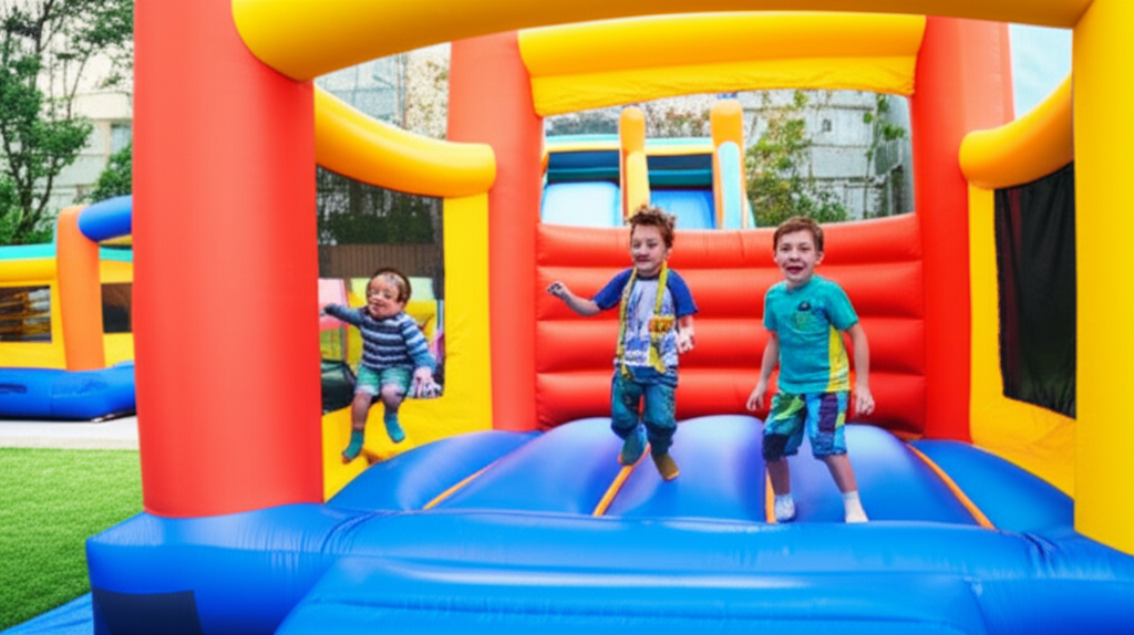 Kids enjoying a small bounce house at a Charlotte backyard party