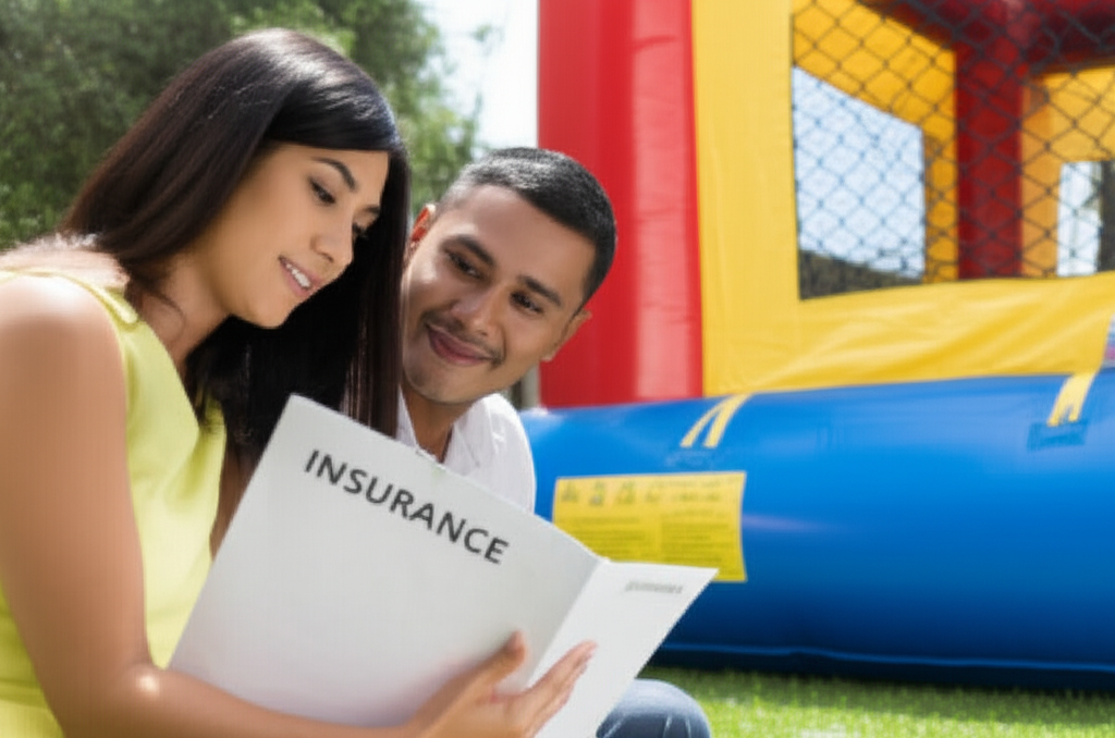 Parent reviewing insurance details for bounce house rental