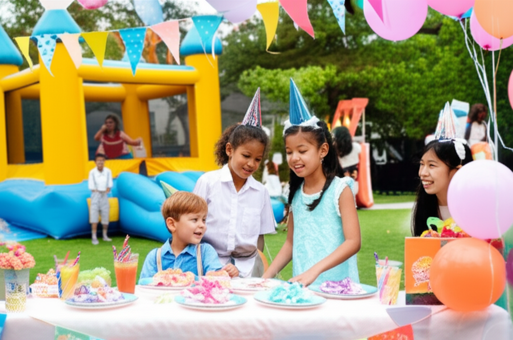 Kids using a colorful photo booth at a Charlotte bounce house party