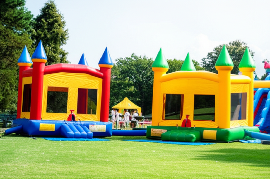 Two eco-friendly inflatable bounce houses set up outdoors on green grass