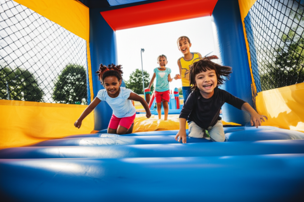 Children playing on a bounce house on a sunny day in Charlotte park