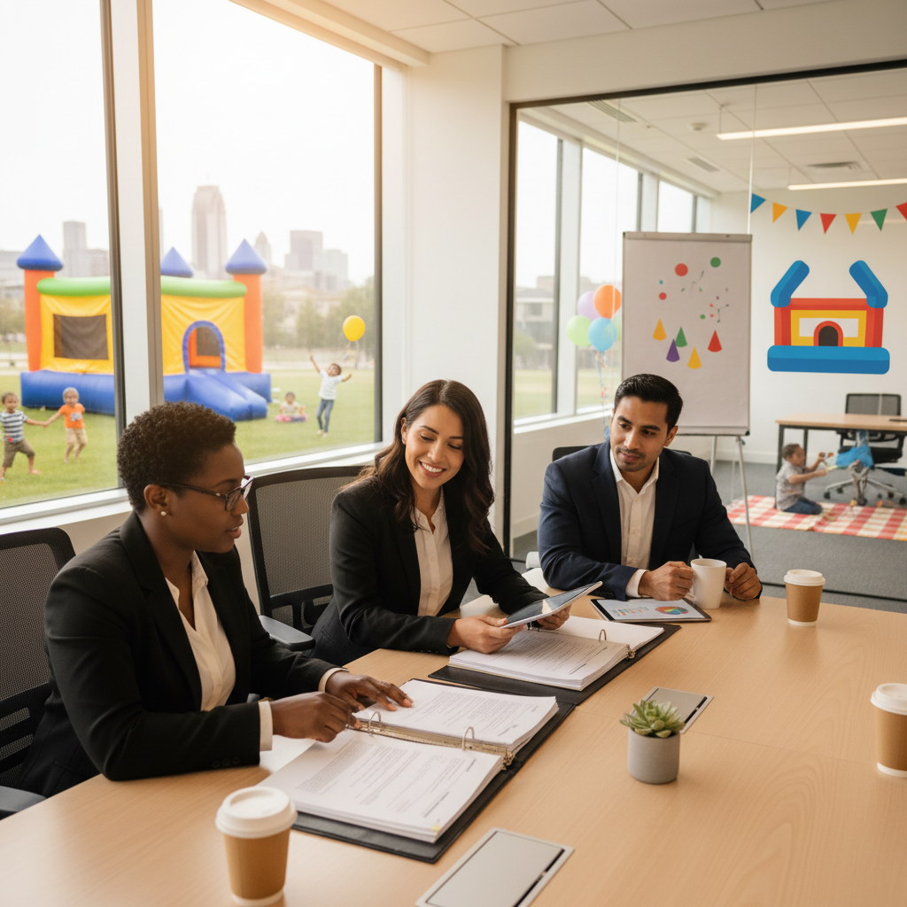 Party rental company staff reviewing updated insurance policy paperwork in Charlotte office